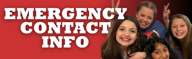 group of girls smiling on red to black gradient background with words "EMERGENCY CONTACT INFO" in white