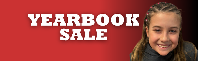 smiling girl on red to black gradient with the words "YEARBOOK SALE" in white