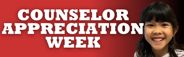 smiling girl on red to black gradient with "COUNSELOR APPRECIATION WEEK" in white 