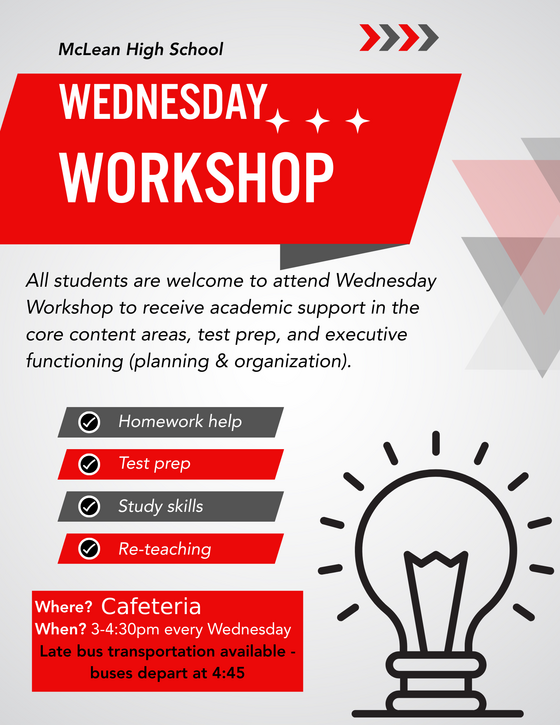 An advertisement for MHS's after school Wednesday workshop with late bus transportation