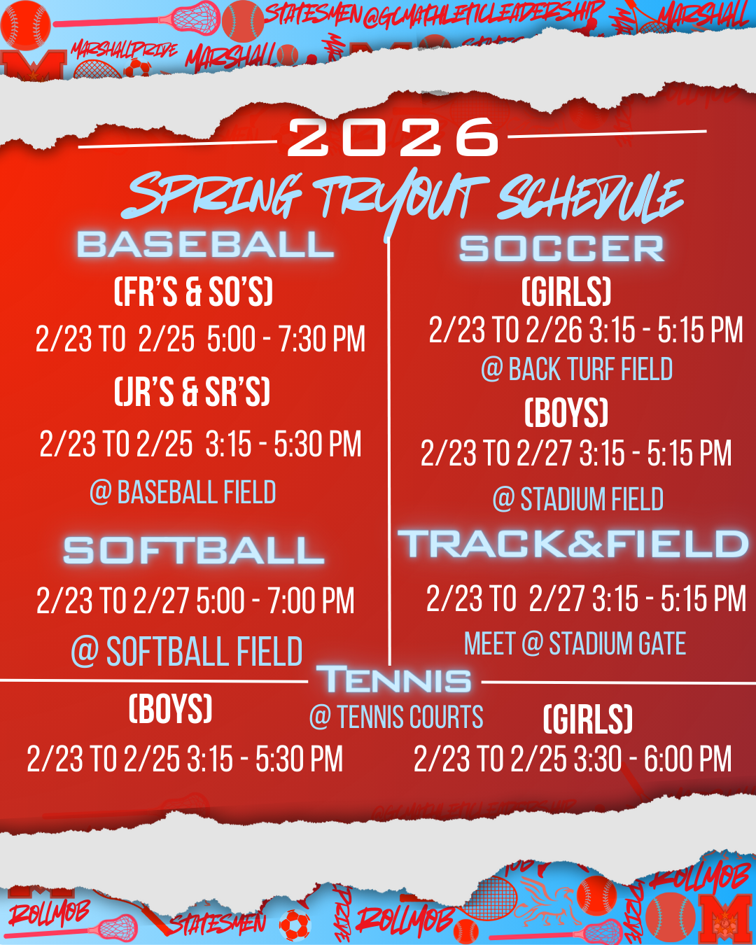 Marshall Spring Tryout Schedule