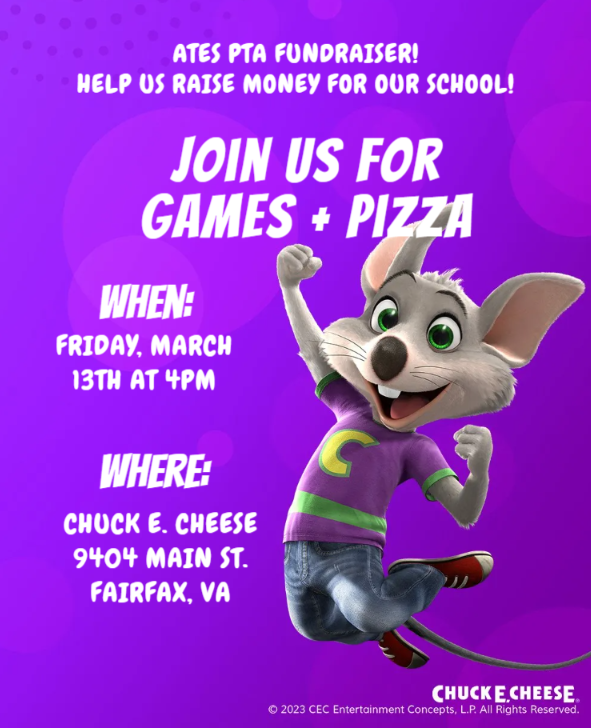 PTA Sponsored Chuck E Cheese Fundraising Night