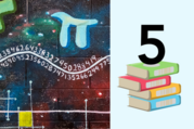 A wall with a mathematical pie symbol and numbers and a number 5 sitting on a stack of books