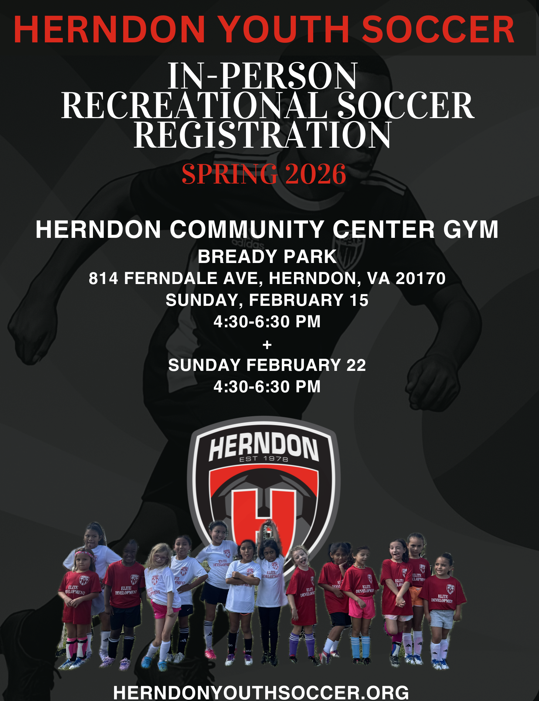 This is a flyer for in-person registration for herndon youth soccer.  Details are in text  below the image