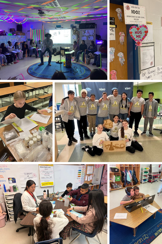 Collage with 6 frames of images of teachers and elementary school students