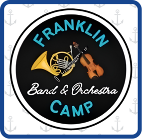 Franklin Band & Orchestra Camp logo featuring a French horn, clarinet, and violin on a black circular background.