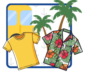 Graphic of a yellow t-shirt, floral Hawaiian shirt, palm trees, and a school bus on an anchor-patterned background.