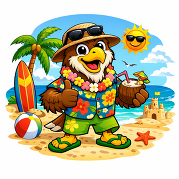 A hawk sitting on the beach wearing tropical clothing