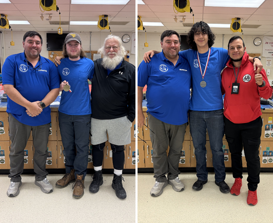 student winners with their medals, teacher, and family member
