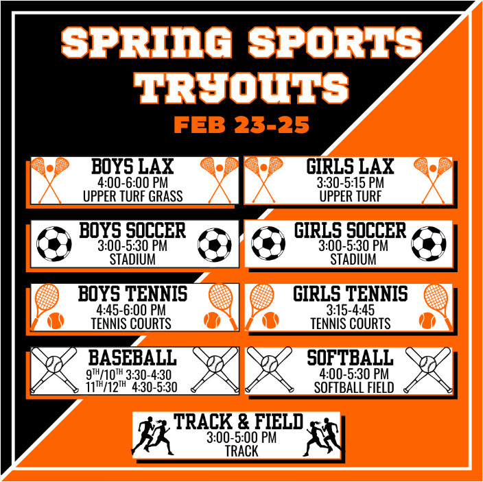 graphic "Spring Sports Tryouts" taking place from February 23–25 and it lists the schedule and locations.