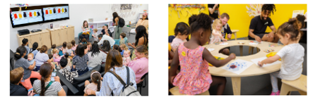 two photos of kids doing art: please read text below in English or Spanish text for description
