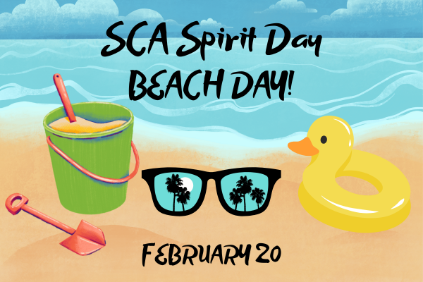 A beach scene with the announcement for a beach themed SCA spirit day