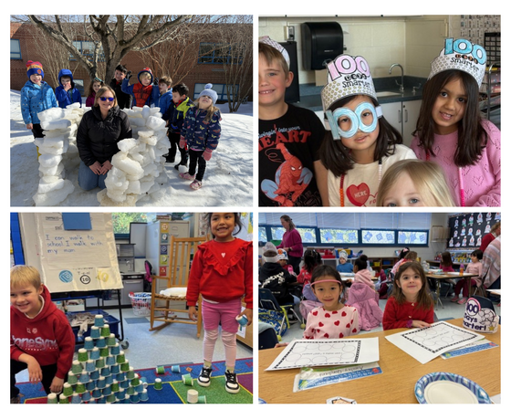 students working on class projects and students smiling and playing in the snow