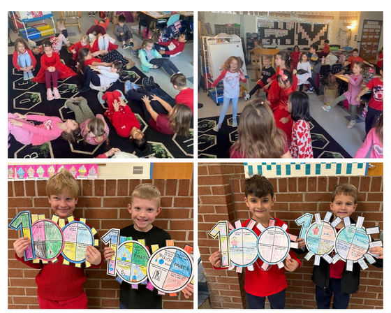 students doing exercises on the floor in class, students showing 100 day signs