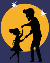 Flyer for arent child dance. Photo of adult male dancing with young daughter, yellow moon as backdrop, 2 stars
