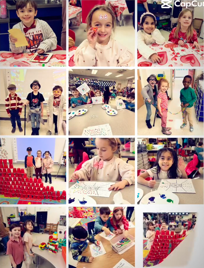 Grid of 12 photos of Forestville students celebrating the 100th day of school with crafts, "old person" costumes, and red cup towers in a classroom.