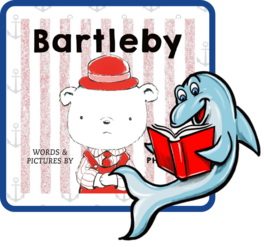 Bartleby book cover featuring a white bear in a red hat and a blue dolphin reading a red book.