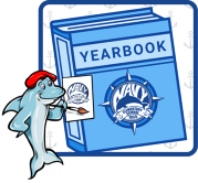 Navy Elementary School yearbook illustration with a dolphin mascot painting the school logo on a blue book.