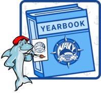 Navy Elementary School yearbook illustration with a dolphin mascot painting the school logo on a blue book.