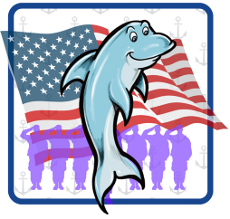Navy Elementary School yearbook graphic featuring a dolphin mascot painting the school logo on a blue book.