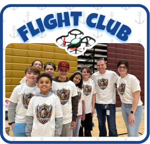"Flight Club" banner showing students and teachers in Vienna Vikings shirts standing below a drone.