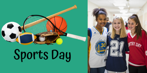 picture with words sports day with students wearing sports jerseys