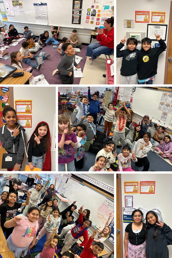 Collage of 6 pictures of students celebrating 100% attendance with 3 of them pointing to 100% attendance signs.