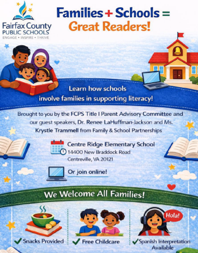 Flyer with FCPS logo, a school house, family, and kids clip art for upcoming event.  Please read text below the image for details of the event.