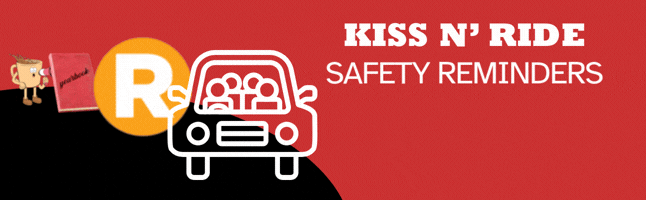 rotating banner with graphics and words matching topics below including "kiss n ride, new app for visitors, yearbook, and family coffee series"