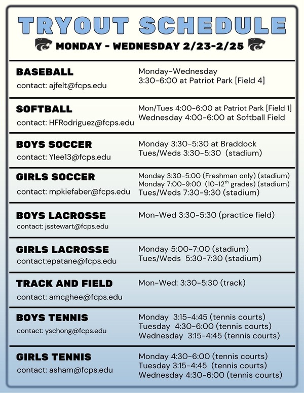 Spring Sports Tryout Information