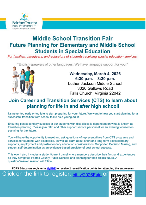 flyer for Elementary and Middle School students in Special Education Transitions Fair