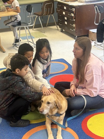 Students pet a dog in the classroom 