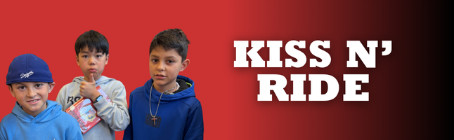 three boys smiling on red and black gradient with words "kiss n ride" in white letters