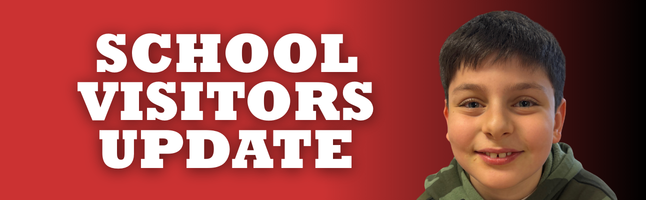smiling boy on red and black gradient with words "school visitors update" in white letters