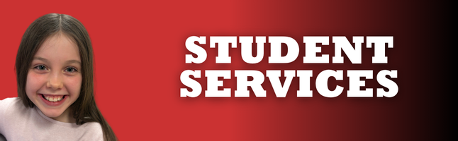 smiling girl on red and black gradient with words "student services" in white letters