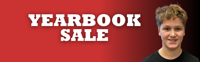 smiling boy on red and black gradient with words "yearbook sale" in white letters