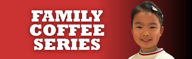 Smiling girl on red and black gradient with words "family coffee series" in white letters