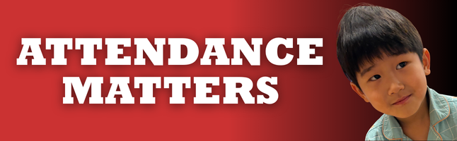 Boy smiling on red and black gradient with words "attendance matters" in white letters