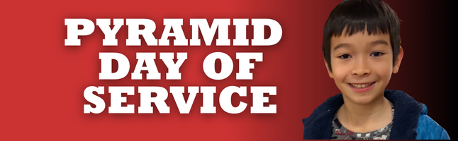 Smiling boy on red and black gradient with words "pyramid day of service" in white letters