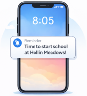 A cell phone displaying 8:05 as the time and a reminder that it is time to start school at Hollin Meadows