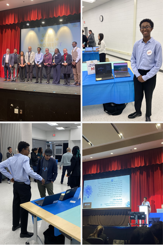 Collage of a student at an AI event: posing on stage, at his project booth, and giving a formal presentation.