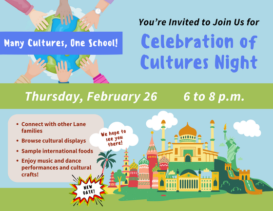 Celebration of Cultures Night flyer -Thursday, February 26, 6 to 8 p.m.