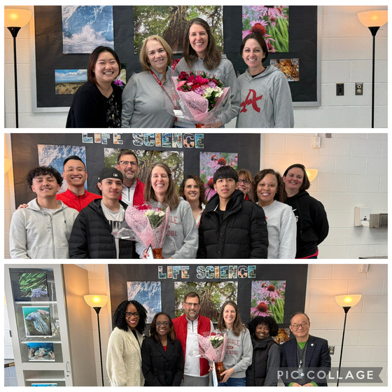 Region 4 Outstanding Secondary Teacher Lynn Eckerman, Biology Teacher, Annandale High School with other staff and administrators.