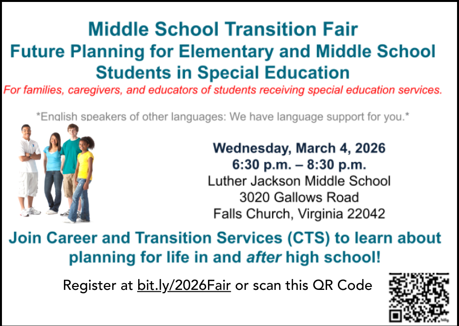 Flyer for the middle school transition fair for future planning for elementary and middle school students in special education