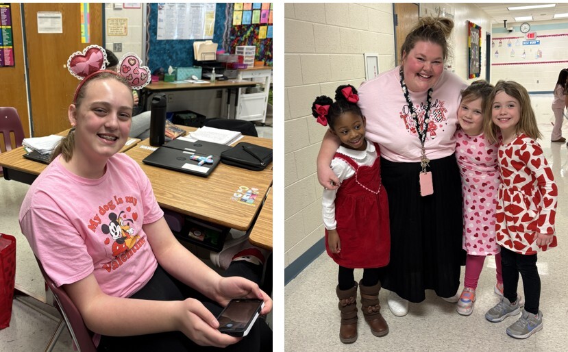 Students and teachers wearing hearts on clothing and hair decorations for Valentine's Day