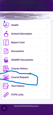 A screenshot of the ParentVue app menu. The menu item labeled "Course Request" is circled.