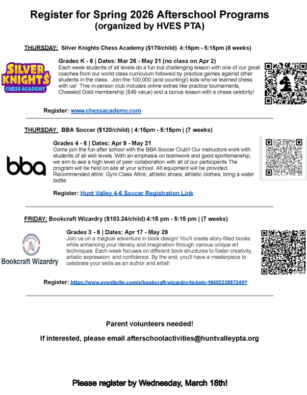 Afterschool Program Registration QR codes for Thursday - Friday