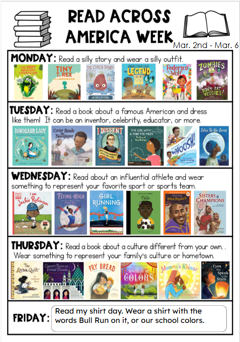 pictures of books and descriptions of spirit days
