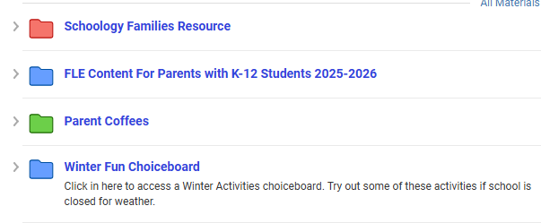 Folders of Resources available on the All Parents/Guardians Schoology Course