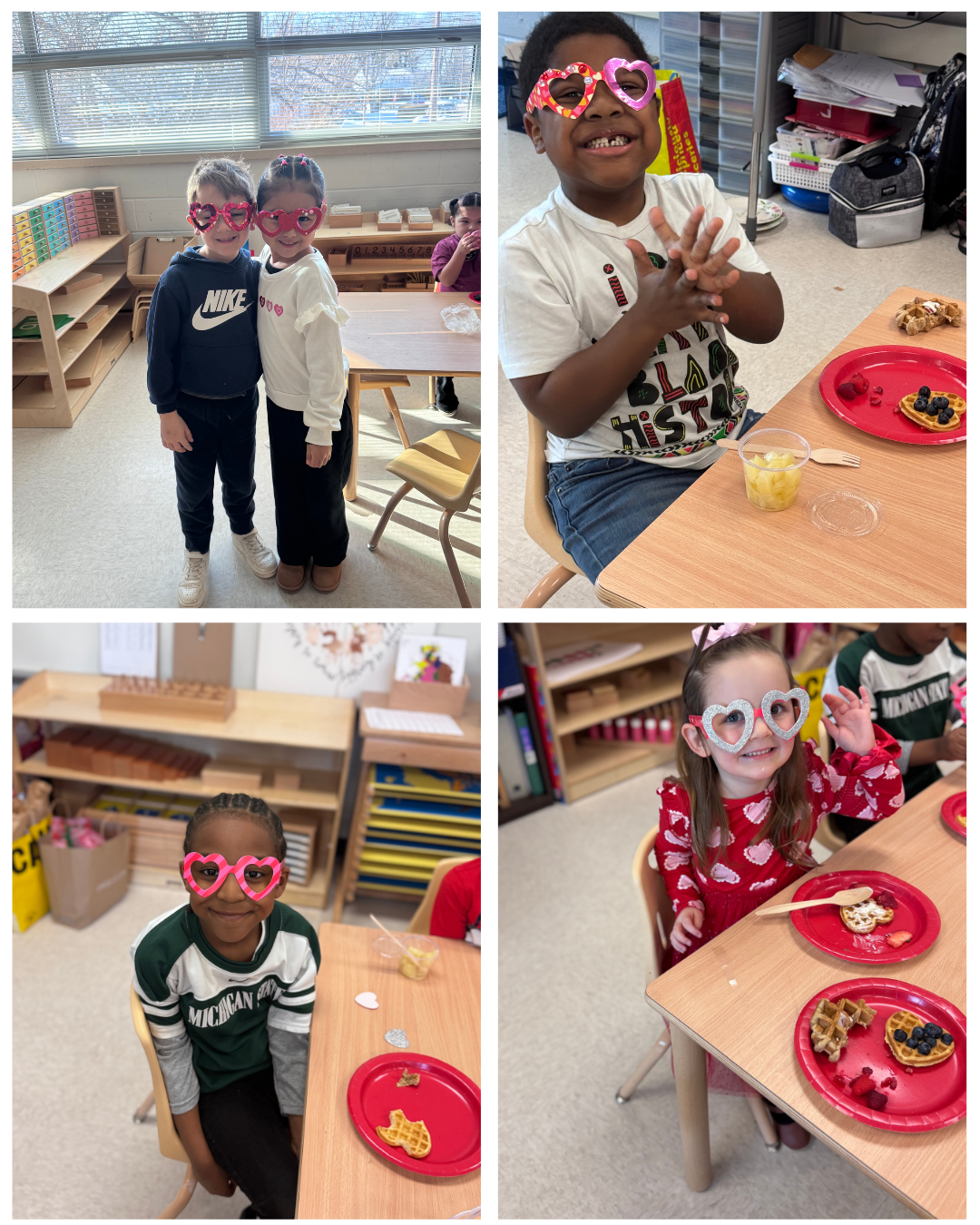 Montessori students wearing heart-shaped glasses in celebration for Valentine's Day